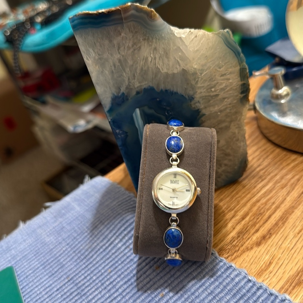 Womens Badavici .925 Silver Blue Lapis Stones MOP Watch Bracelet Need battery.